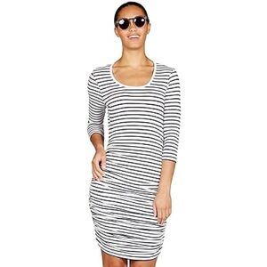 Mott50 Faith Bodycon Navy White Striped Bamboo Sun Protect SPF 50 Ruched Dress S